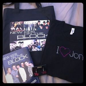NKOTB Tote Bag, book, earrings and shirt
